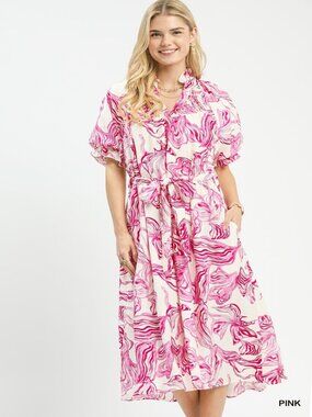 Abstract Print Smocked Midi Dress Women Elegant Casual Outfit